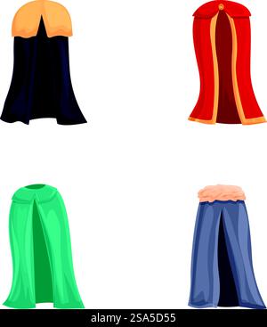Mantle icons set cartoon vector. Cloak of various color. Clothing item. Mantle icons set cartoon vector. Cloak of various color Stock Vector