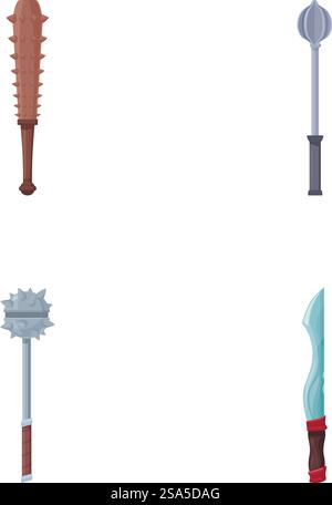 Illustration of four medieval fantasy weapons including a mace, spear, morning star, and sword. Set of cartoon medieval weapons isolated on white Stock Vector