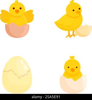 Adorable and cheerful cartoon chick collection featuring a variety of cute baby chickens hatching from eggs. In a simple and childlike illustration vector design. Spring. Easter. Set of four adorable cartoon chicks and eggs in various stages of hatching Stock Vector