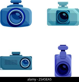 Car camera icons set cartoon vector. Car dvr. Modern technology. Car camera icons set cartoon vector. Car dvr Stock Vector