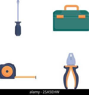 Colorful collection of vector icons featuring basic hand tools for diy and repairs. Set of vector icons representing tools Stock Vector