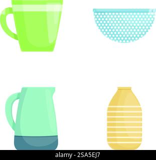 Set of colorful kitchenware icons including cups, a water jug, and a colander on a white background. Kitchenware collection cups, jug, and colander Stock Vector