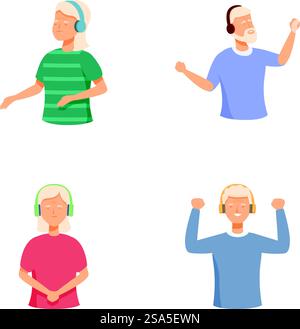 Collection of illustrations featuring young men with headphones lost in the rhythm of their favorite songs. Set of young men enjoying music Stock Vector