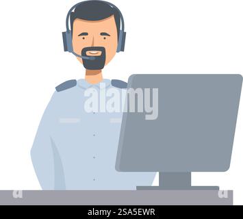 Security guard wearing headset smiling while working at his desk monitoring a computer. Security guard wearing headset smiling working at desk monitoring computer Stock Vector