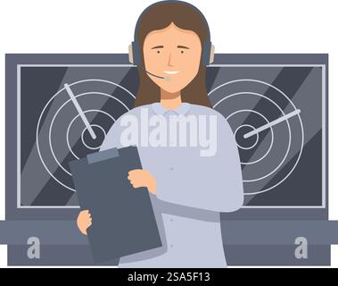 Air traffic controller woman working holding a clipboard and wearing a headset with a radar screen in the background. Air traffic controller woman working holding clipboard with radar screen in background Stock Vector