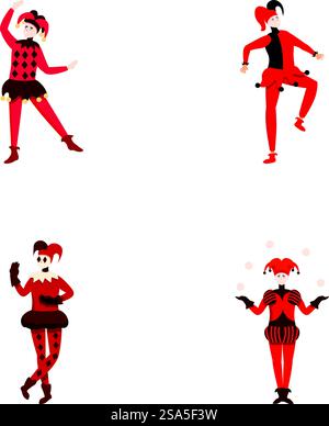 Four colorful illustrations of cartoon jugglers performing, in fun and dynamic circus attire. Set of cartoon circus jugglers in various poses Stock Vector
