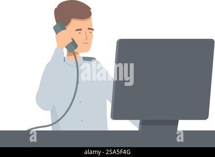 Security guard working on a computer and talking on the phone at his desk. Security guard talking on the phone and looking at computer screen Stock Vector