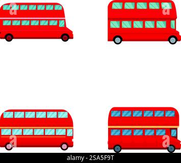 Collection of colorful, stylized cartoon double decker buses isolated on white background. Set of cartoon double decker buses Stock Vector