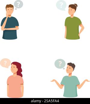Collection of four diverse characters expressing confusion and uncertainty with question marks above their heads. Set of confused people with question marks Stock Vector