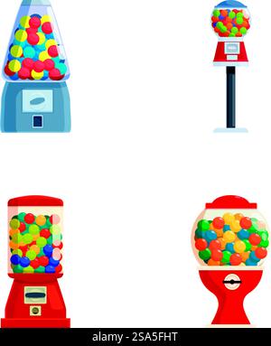 Set of four vibrant candy machine vectors, perfect for sweetthemed designs. Collection of colorful candy dispenser illustrations Stock Vector