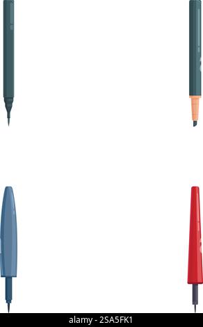 Collection of four different graphic markers on a clean background, showing tips and caps. Set of various graphic design markers isolated Stock Vector