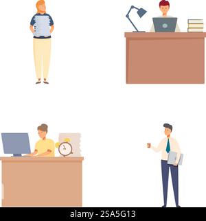 Illustration of diverse professionals in various work environments, using computers and managing documents. Set of office workers engaged in daily tasks Stock Vector