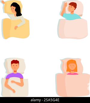 Set of four colorful minimalistic illustrations showing different sleeping postures. Cartoon illustrations of people in various sleeping positions Stock Vector