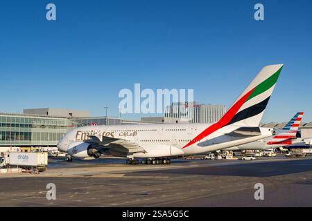 Emirates Rudder Rear view of Emirates Airbus A380 taking off from Birmingham ...