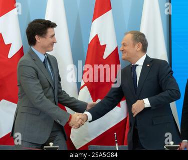 The Prime Minister of Poland Donald Tusk welcomes the Prime Minister of Justin Trudeau for the Press conference. The Polish Prime Minister Donald Tusk and Canadian Prime Minister Justin Trudeau discussed Polish-Canadian relations. Both leaders focused on their countries' cooperation in supporting Ukraine and strengthening NATO's eastern flank. They also addressed recent challenges in international security and explored opportunities for collaboration during Poland's EU Council presidency. The European Union, as a key strategic partner for Canada and its second-largest economic partner, was a Stock Photo