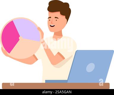 Young businessman holding a big pie chart and working on his laptop. Office worker analyzing financial data with a big pie chart Stock Vector