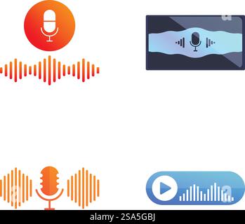 Four colorful audio related icons including microphones and sound waves. Collection of voice recording icons set Stock Vector