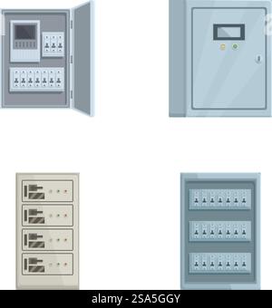 Set of different electrical panels and circuit breakers, isolated on a white background. Various types of electrical panels and circuit breakers Stock Vector