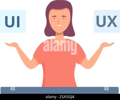 Designer is making a decision between ui and ux, highlighting the importance of both in web and app development. Woman designer choosing between user interface and user experience design Stock Vector