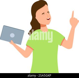 Young woman is holding a laptop and pointing her finger up, having an idea. Young woman holding laptop pointing finger up having an idea Stock Vector