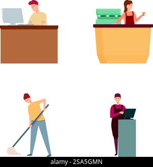 Illustrations showcasing individuals in various occupations including office work and cleaning. Set of diverse people engaged in different professions Stock Vector