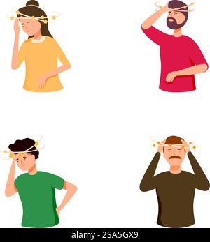 Group of diverse cartoon characters. Men and women. Illustrating a set of perplexed. Confused. And questioning expressions with question marks. Head scratching. And indecisive pondering. Four illustrations of diverse individuals with puzzled expressions, scratching heads, and question mark icons Stock Vector