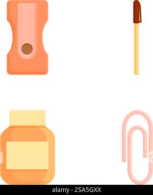 Assorted stationery icons set for office, school, art, and crafting with flat design, vector illustration, and contemporary minimalistic collection. Perfect for organizing work tools.. Flat design icons of a sharpener, match, glue bottle, and paperclip Stock Vector