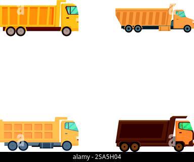 Collection of four stylized dump trucks in various views, ideal for construction themes. Set of cartoon dump trucks isolated on white Stock Vector