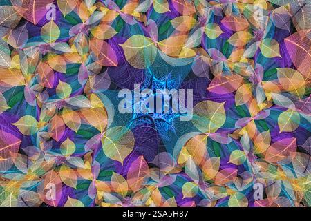 Multi-colored skeleton leaves arranged on black background Stock Photo
