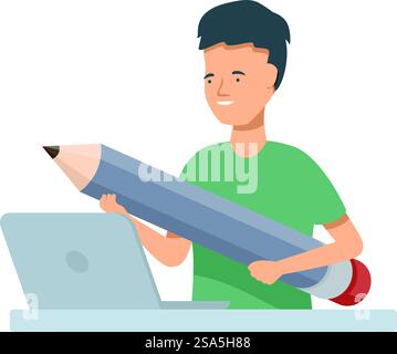 Young man working on laptop and holding big pencil, creative work, education, online learning concept. Young man working on laptop and holding big pencil Stock Vector