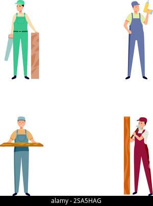 Illustration collection featuring four carpenters with various tools and woodwork in different poses. Set of cartoon carpenters with tools and wood Stock Vector