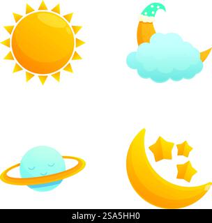 Colorful collection of cartoonstyle weather and space icons including sun, cloud, planet, and moon. Cute weather and space icons set Stock Vector
