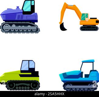 Collection of four vector icons depicting various construction vehicles. Set of construction machinery icons Stock Vector