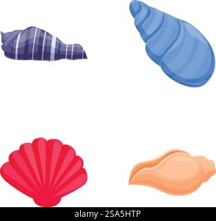 Vibrant set of four isolated seashell illustrations in a clean, flat style. Collection of colorful seashell illustrations Stock Vector