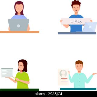 Illustration of four diverse professionals engaged in computer work and document review. Set of professionals working on laptops and holding papers Stock Vector