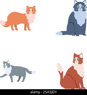 Set of four cartoon cats in various poses and colors isolated on a light background. Collection of cute cartoon cats Stock Vector
