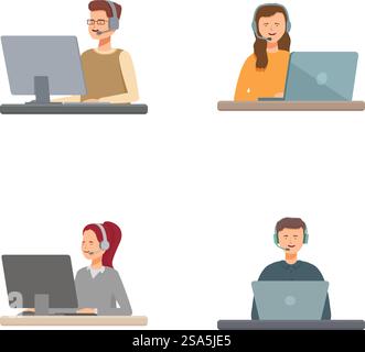 Collection of illustrations featuring different individuals engaged in work on their computers. Set of diverse people working on computers Stock Vector