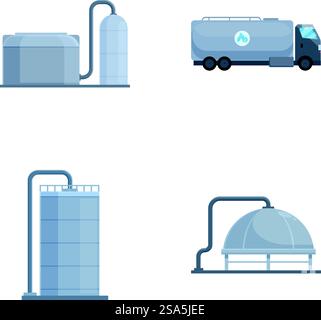 Collection of vector illustrations featuring different industrial storage tanks and a water delivery truck. Industrial storage tanks and water truck vector set Stock Vector