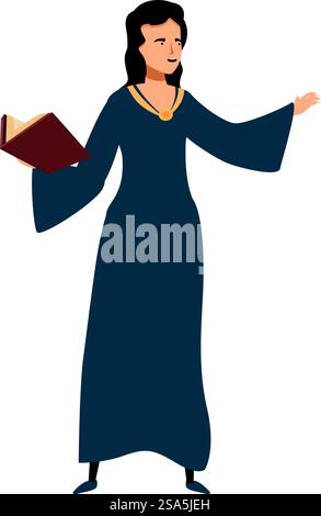 Medieval woman is holding an open book and explaining something. Medieval woman holding book explaining something Stock Vector