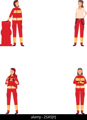Illustration collection showcasing firefighters in various poses, with equipment. Diverse set of firefighter characters in uniform Stock Vector