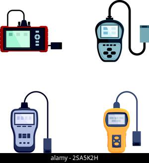 Vector illustration of four digital multimeters for electrical measurements. Set of four digital multimeters Stock Vector