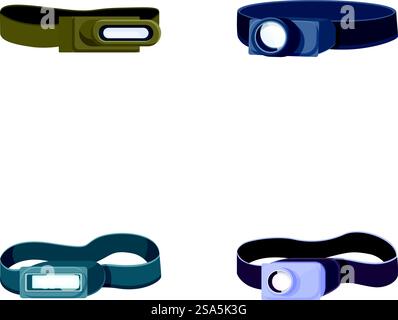 Collection of headlamp illustrations for camping and outdoor activities isolated on white. Set of various headlamp designs Stock Vector