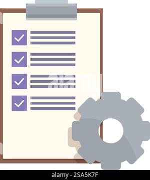 Clipboard with completed checklist symbolizing efficiency and automation in task management. Clipboard showing completed checklist and cogwheel representing automated workflow Stock Vector