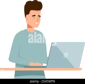 Man is sitting at a desk working on a laptop computer. Young man working from home office using laptop computer Stock Vector