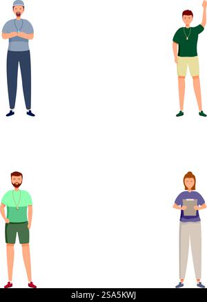 Collection of fullbody illustrations of four men demonstrating various casual poses and outfits. Set of four men in casual attire posing Stock Vector