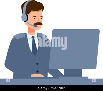 Security guard is using a computer and wearing a headset. Security guard wearing headset working on computer Stock Vector