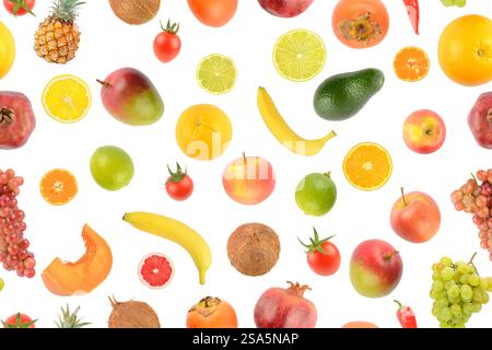 Big set fruits and vegetables isolated on white background. Seamless pattern. Stock Photo
