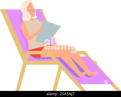 Senior woman is enjoying her retirement, relaxing on a beach chair and reading a book. Senior woman relaxing on beach chair reading a book Stock Vector