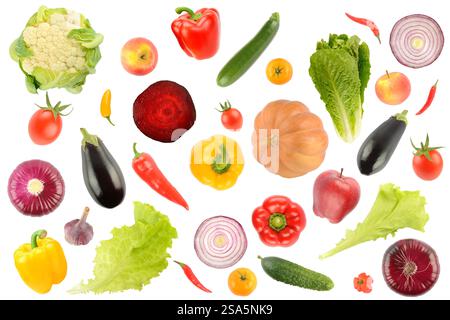 Big set falling vegetables and fruits isolated on white background. Stock Photo