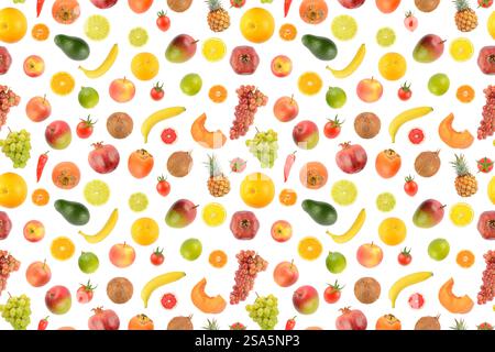 Big set fruits and vegetables isolated on white background. Seamless pattern. Stock Photo